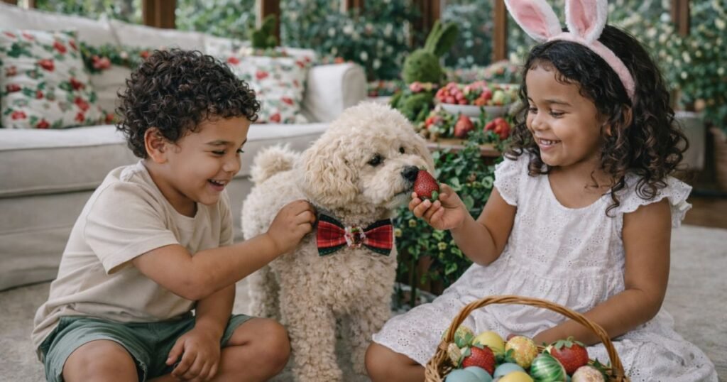 Cenário decorado para Páscoa no pet shop com ambientação temática
